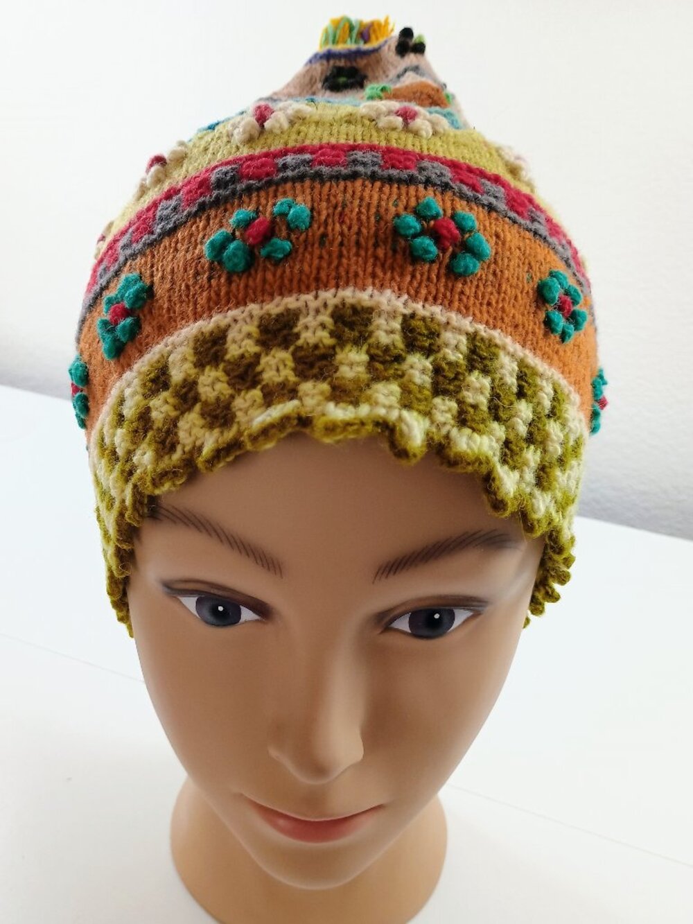 Multicolor Pure Sheep's Wool Winter Chullo with Floral Patterns